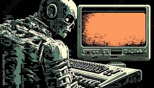 Retro style AI robot and a computer screen. Halftone digital art. Intersection of technology  art  and computer science. Generative AI