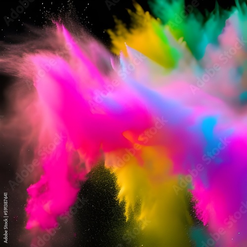 Colorful mixed rainbow powder explosion isolated on black background. Royalty high-quality free stock photo image of Colored powder explosion. brain explosion with multicolored powder. Generative AI