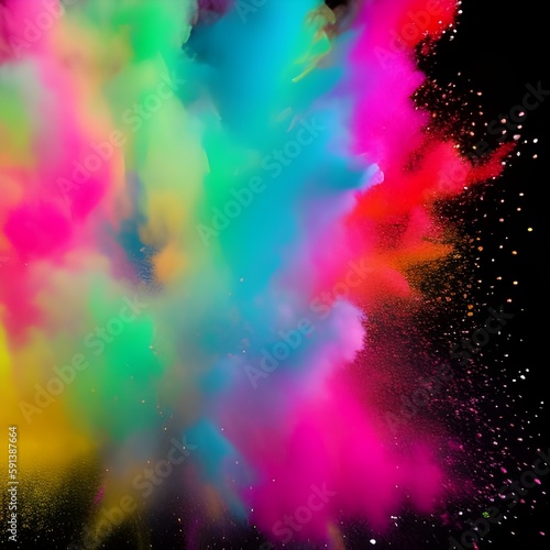 Colorful mixed rainbow powder explosion isolated on black background. Royalty high-quality free stock photo image of Colored powder explosion. brain explosion with multicolored powder. Generative AI