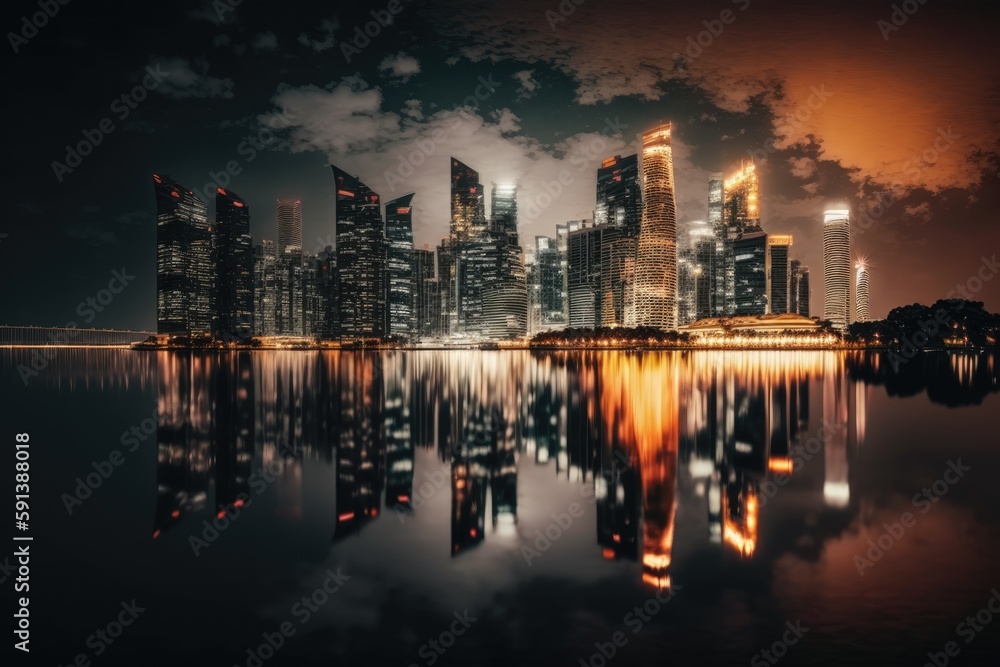 city skyline illuminated at night by a body of water. Generative AI