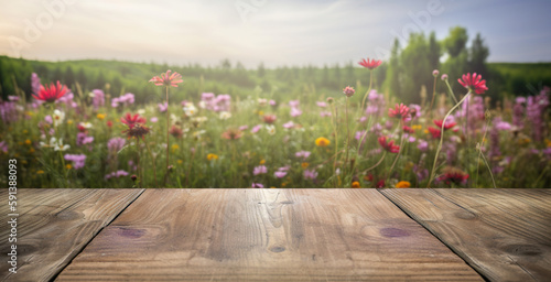 Wood table mockup with flowering spring meadow on background. Empty copy space for product presentation. Generative AI