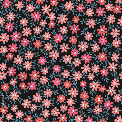 A pattern of small red flowers with green leaves on a black background. Colorful seamless background for textiles, fabric, cotton fabric, covers, wallpaper, prints, gift wrapping.