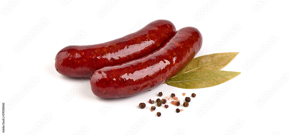German traditional grilled sausages, close-up, isolated on white background. German traditional grilled sausages, close-up, isolated on white background.