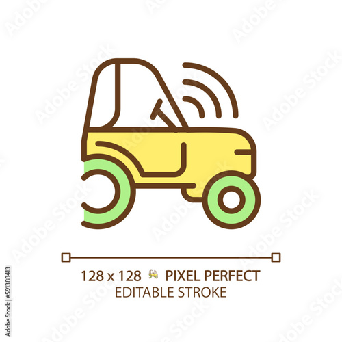 Autonomous tractor green RGB color icon. Self driving farm vehicle. Agricultural machinery. Driverless technology. Isolated vector illustration. Simple filled line drawing. Editable stroke