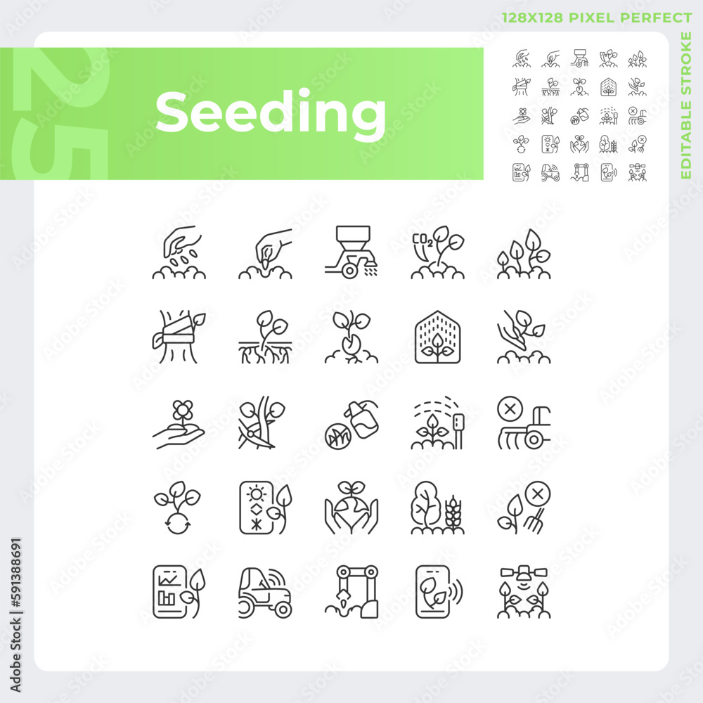 Seeding linear icons set. Agricultural industry. Gardening business. Growing plants. Field sowing. Customizable thin line symbols. Isolated vector outline illustrations. Editable stroke