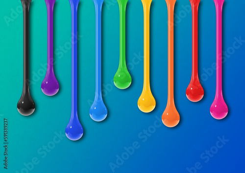 Colorful ink drops on blue background. Horizontal wallpaper