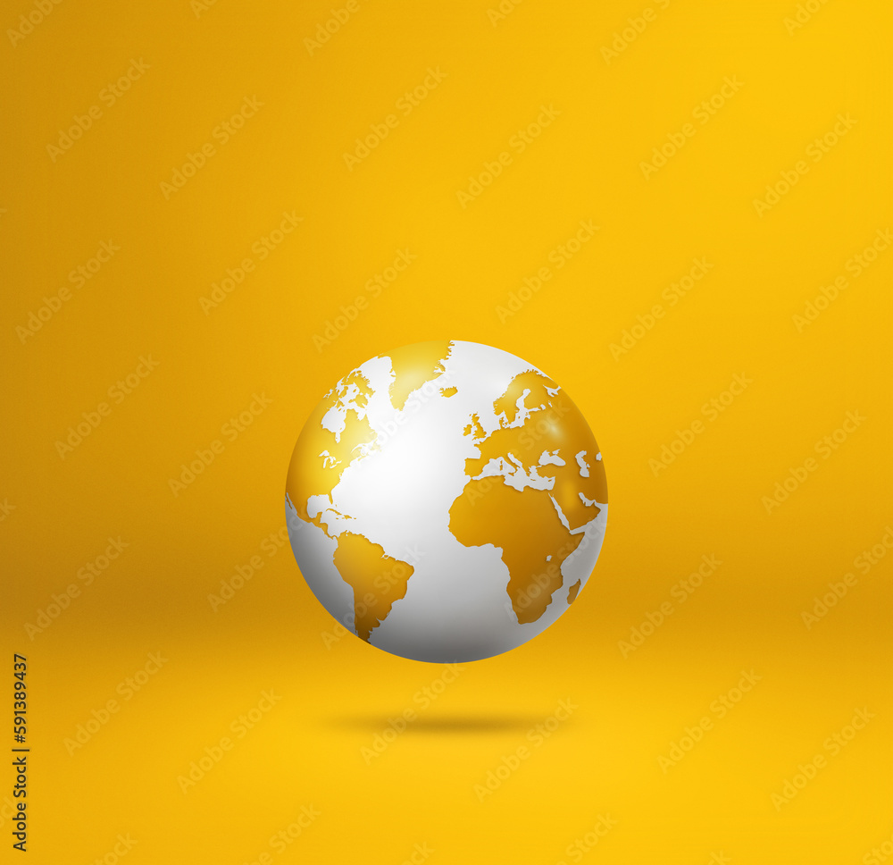World globe, earth map, isolated on yellow. Square background