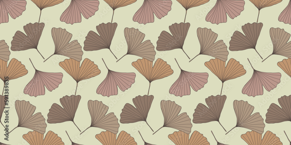 Delicate vector seamless pattern with beige, brown and pink ginkgo biloba leaves on a light background for textiles, wrapping paper, covers, decor