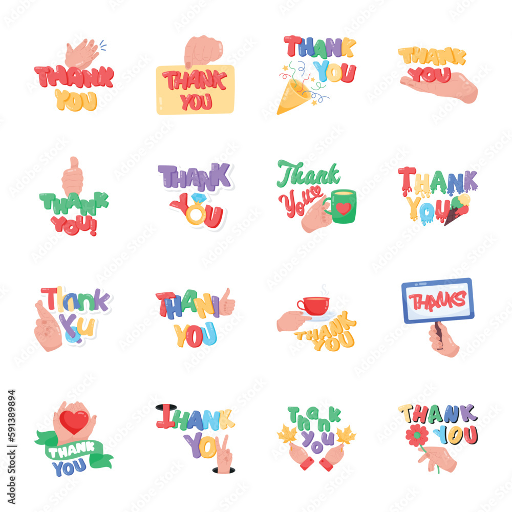 Set of Thank You Typography Flat Stickers 

