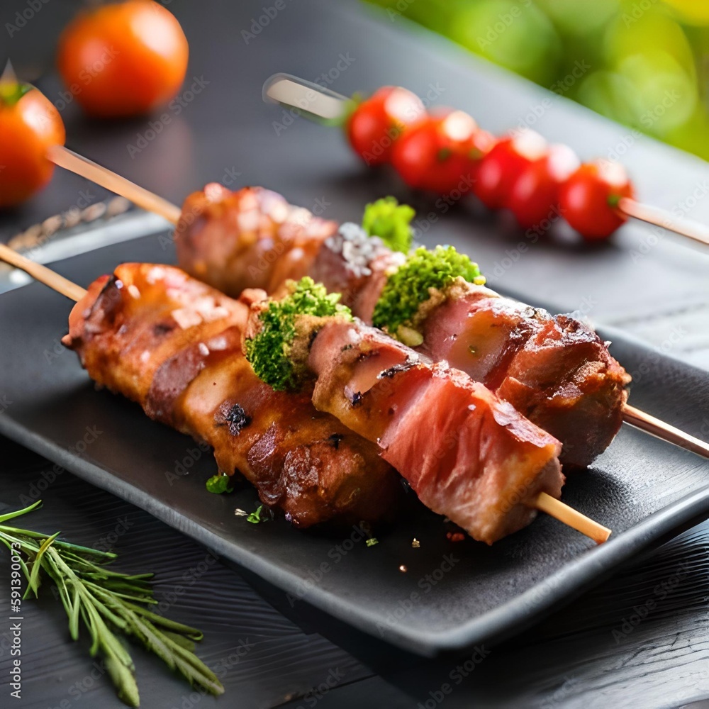 Meat skewers or satay on a meat burner grill with delicious meat texture, great for brands, restaurants, websites, blogs, companies, food businesses. The concept of generative Ai