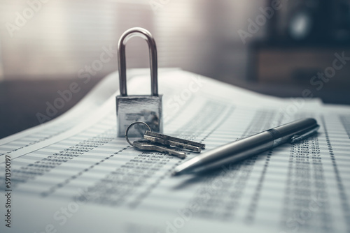 Wallpaper Mural Keys and pen on financial, budget or asset document in workplace.  Security, save, Corporation, Enterprise concept. Torontodigital.ca