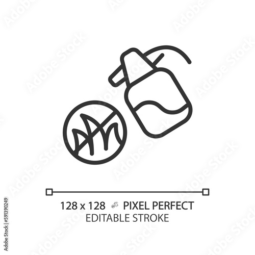 Weed control linear icon. Reducing growth. Vegetation management. Herbicide spraying. Vegetable garden. Thin line illustration. Contour symbol. Vector outline drawing. Editable stroke