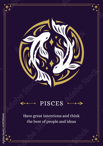 Pisces zodiac astrology horoscope lunar calendar description vintage poster design template vector