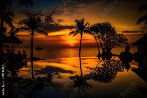 tropical sunset over the ocean with palm trees in the foreground. Generative AI