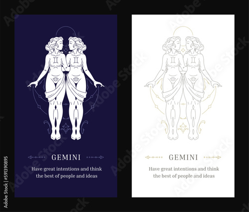 Gemini zodiac woman antique goddess horoscope line art deco poster design template set vector