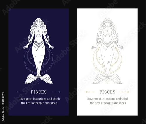 Pisces zodiac astrology woman goddess mermaid line art deco poster design template set vector