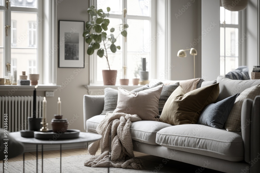Fototapeta premium Modern home interior, living room Generative AI 