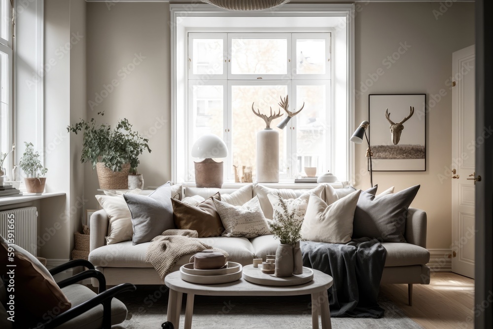 Fototapeta premium Modern home interior, living room Generative AI 
