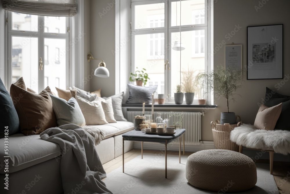Fototapeta premium Modern home interior, living room Generative AI