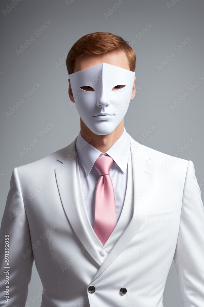 Handsome young man in white suit and mask on grey background