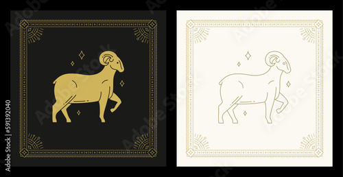 Aries zodiac astrology symbol antique decorative frame line art deco vintage card design set vector