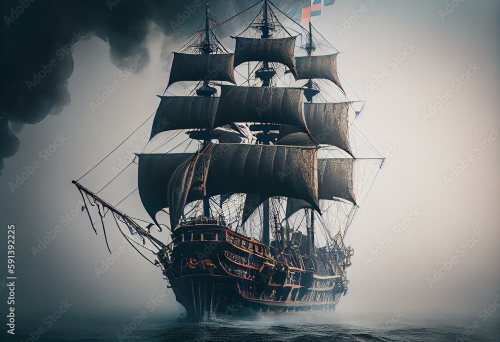 Front view of a pirate ship piercing through the fog of a narrow ...