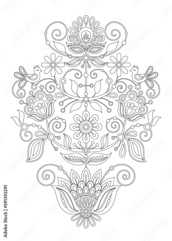 The Tree of Life Inspired by Ukrainian Traditional Embroidery. Ethnic Floral Motif, Handmade Craft Art. Single Design Element. Coloring Book Page. Vector Contour Illustration