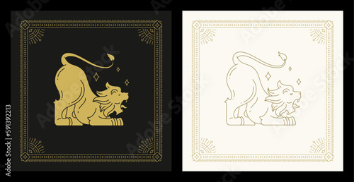 Leo zodiac roaring astrology animal character line art deco vintage card set vector illustration