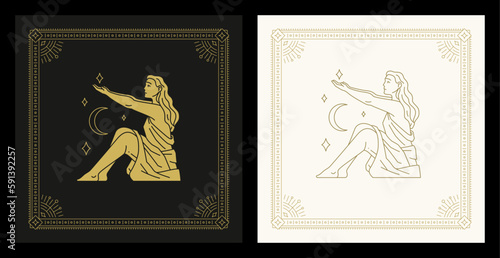 Virgo zodiac astrology symbol woman crescent stars line art deco vintage card set vector