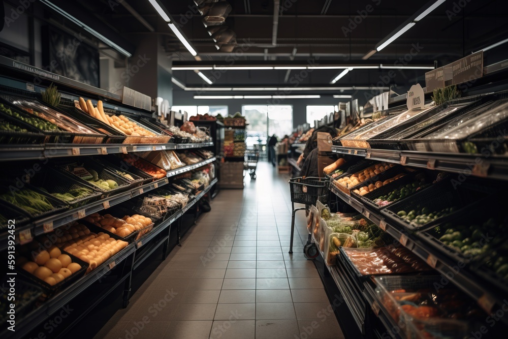  a grocery store filled with lots of food and produce on display in the aisle of the store, with people walking by the food section of the aisle.  generative ai