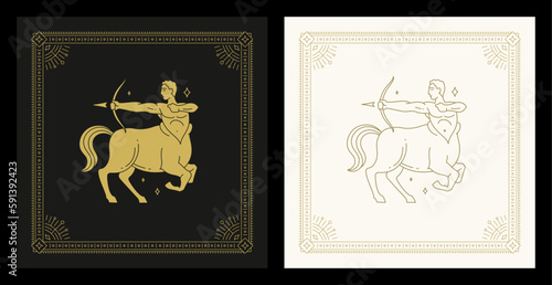 Sagittarius zodiac astrology archery centaur antique line art deco vintage card set vector