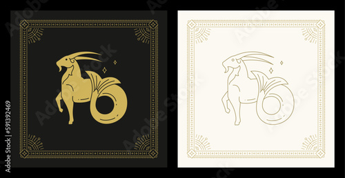 Capricorn zodiac goat with fish tail mythology character line art deco vintage card set vector