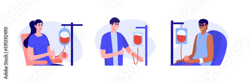 Set of cartoon characters of smiling people donating blood in hospital. Process of dealing with blood or plasma donation in modern clinic. Charity and healthcare. Vector