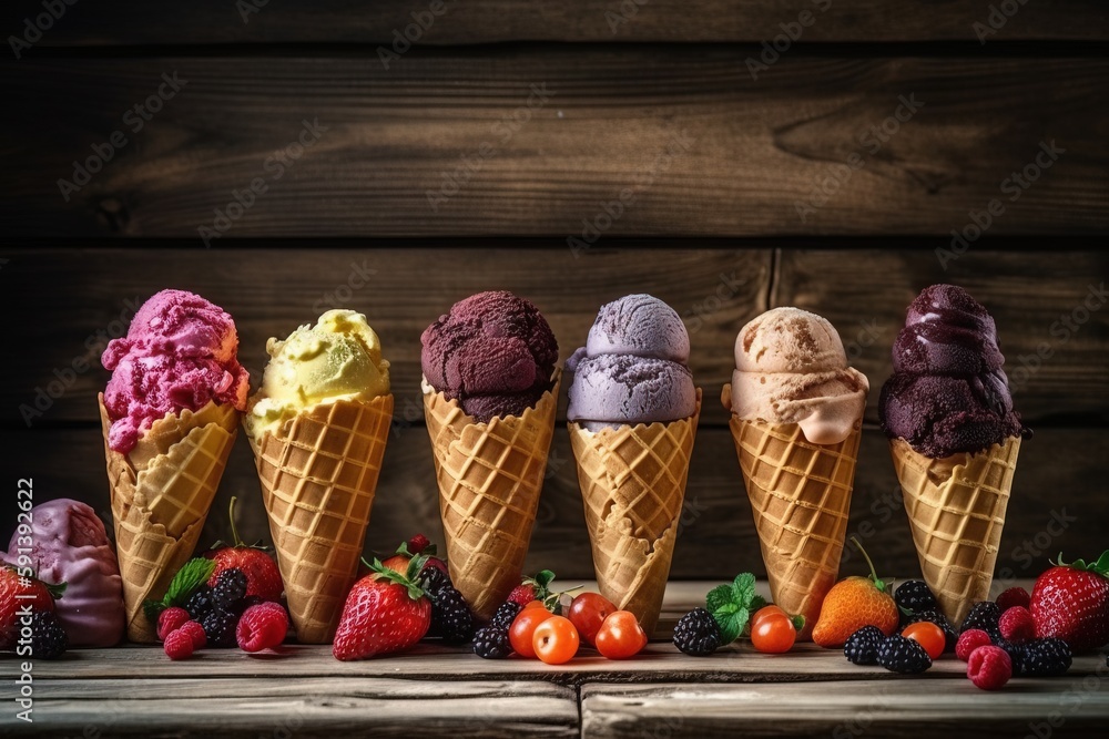 Ice Cream In A Series Of Cones With Different Flavors Background