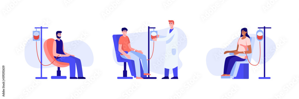 Set of colored cartoon characters donating their blood in hospital. Social active youth. Volunteering organization members. Lifesaving impact of blood. Vector Set of colored cartoon characters donating their blood in hospital. Social active youth. Volunteering organization members. Lifesaving impact of blood. Vector