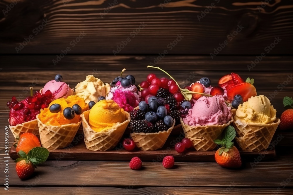 a group of ice cream cones filled with different types of fruit on a wooden table next to strawberries, raspberries, and blueberries. generative ai a group of ice cream cones filled with different types of fruit on a wooden table next to strawberries, raspberries, and blueberries. generative ai