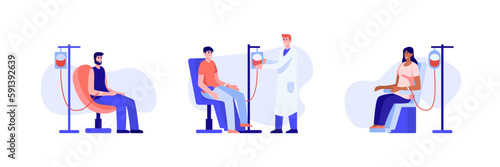 Set of colored cartoon characters donating their blood in hospital. Social active youth. Volunteering organization members. Lifesaving impact of blood. Vector