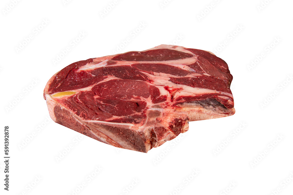 Raw cowboy steak with seasonings on white background, prime rib eye on bone, High quality photo