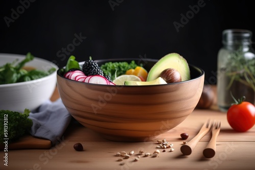  a wooden bowl filled with assorted fruits and vegetables next to a glass of water and a wooden spoon with a black dot on it. generative ai