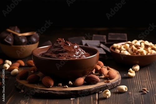  a bowl filled with chocolate and nuts on a wooden table next to a bowl of chocolate and nuts on a wooden board with a spoon.  generative ai