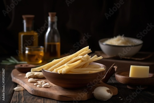  a bowl of pasta noodles and garlic on a cutting board next to a bottle of oil and a bowl of garlic on a wooden board. generative ai