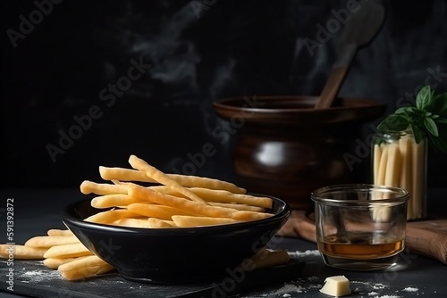  a bowl of french fries next to a glass of tea and a wooden spoon on a black tablecloth with a wooden spoon and a wooden spoon in the background. generative ai