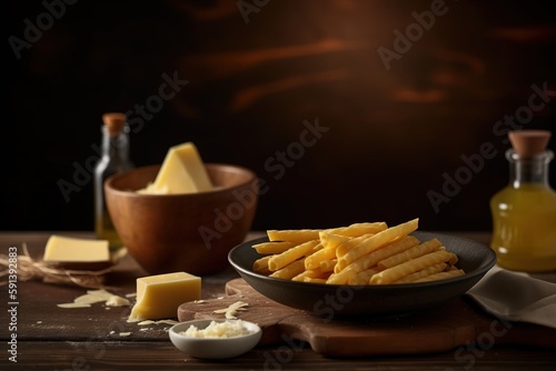 a bowl of fries next to a bottle of mustard and a bowl of cheese on a wooden table with a bottle of mustard in the background. generative ai