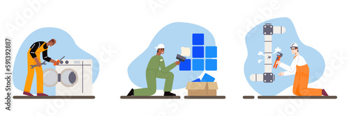 Set of cartoon characters of young men making home repairs. Process of apartment renovation. Redecorating house interior. Installing washing machine in new flat. Vector