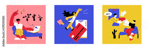 Set of colored cartoon characters making purchases over Internet. Concept of doing online shopping from home. Choosing goods online. Age of digital environment. Vector