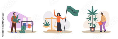 Set of cartoon characters growing cannabis for medical use. Supporting legality of cannabis. Marijuana products cultivation and legalization business. Vector