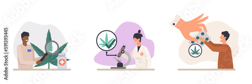 Set of colored cartoon characters growing cannabis for medical use. Supporting legality of cannabis. Marijuana product cultivation. Socially progressive world. Vector