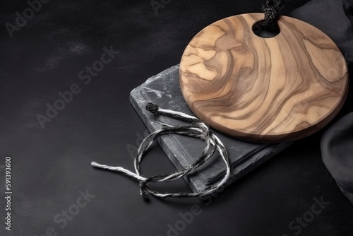  a wooden cutting board sitting on top of a black surface next to a knife and a black cord on top of a black surface with a black background. generative ai