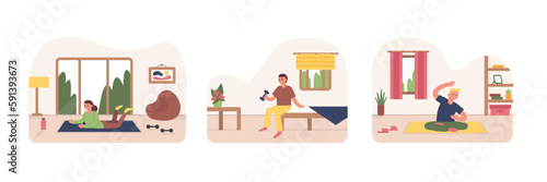 Set of cartoon characters of young people doing sports at home. Time for yoga and stretching exercises. Morning workout to loss weight. Active and healthy lifestyle. Vector