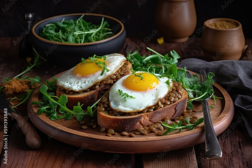 a plate of food with eggs on top of bread and greens on a wooden plate with a knife and fork on the side of the plate. generative ai a plate of food with eggs on top of bread and greens on a wooden plate with a knife and fork on the side of the plate. generative ai
